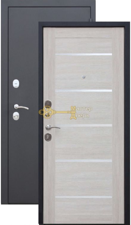 Тёплая дверь Троя 10 см царга. 2 замка, 1,4 мм металл, серебро+лиственница беж.