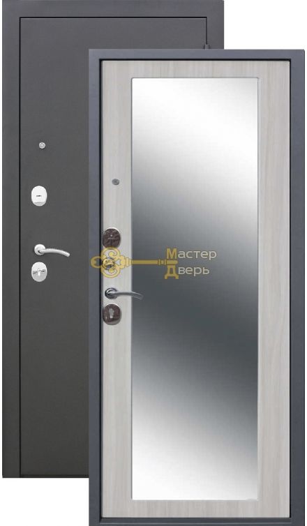 Тёплая дверь Троя 10 см MAXI зеркало, 2 замка, 1,4 мм металл, серебро антик+дуб сонома.